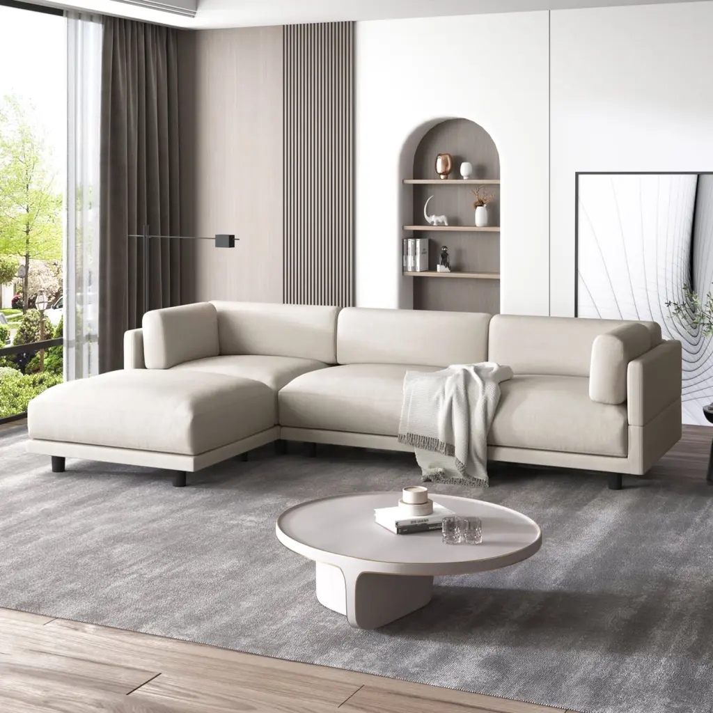 Upholstery Convertible Sectional Sofa L Shaped Couch Reversible Chaise Beige Polyester Spacious and Comfortable Living Roo...