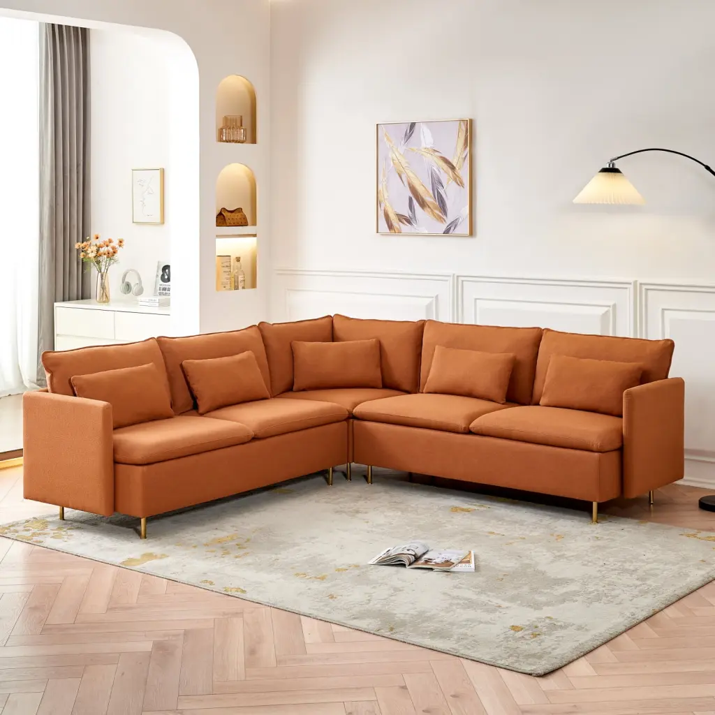 Vibrant Orange Teddy Fabric L-Shaped Sofa Eucalyptus Frame and Golden Legs Ponnky
