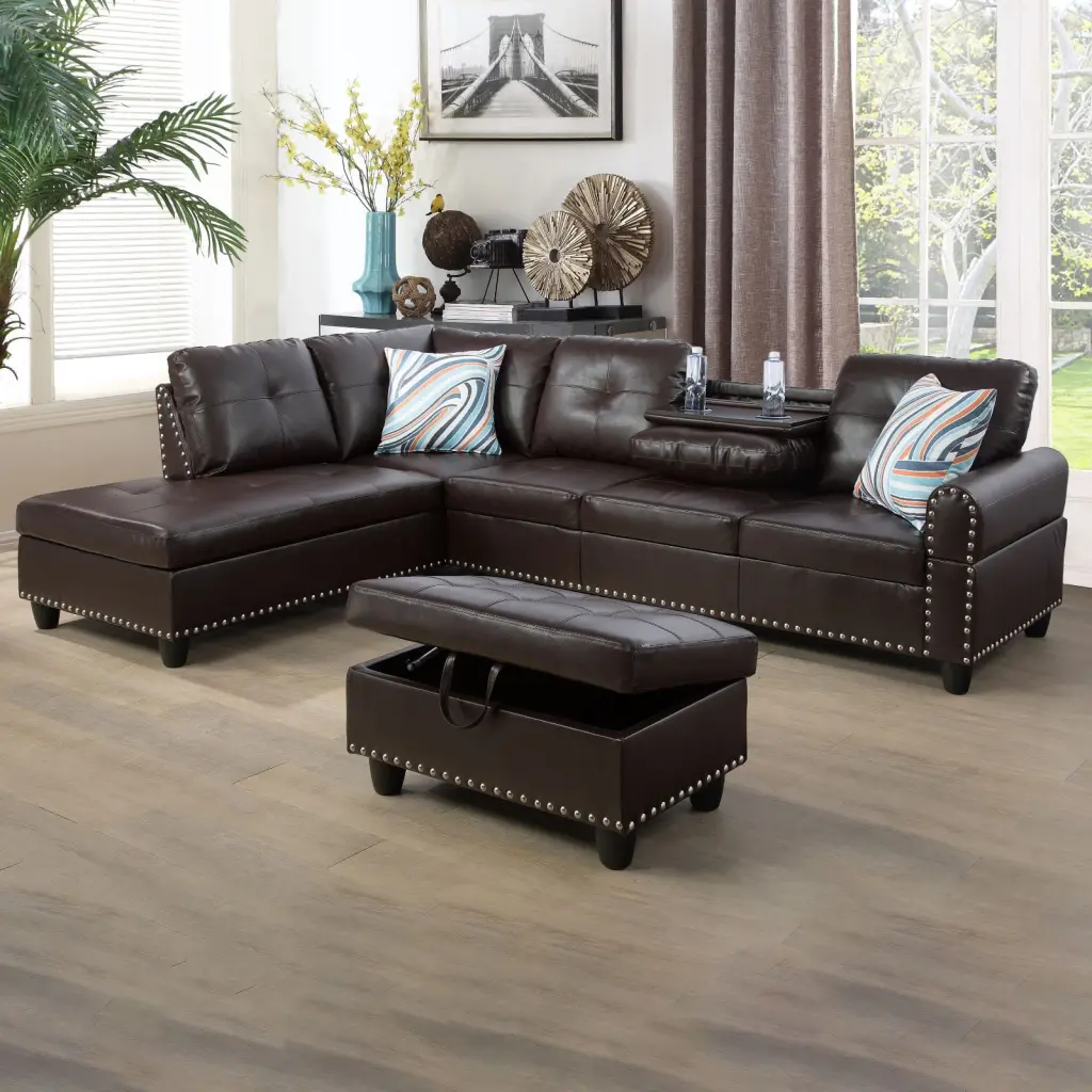 Modular L-Shaped Sectional Sofa Couch Storage 2 Pillows 4-Seat Chaise Gallery Brown Left Chaise Sienwey