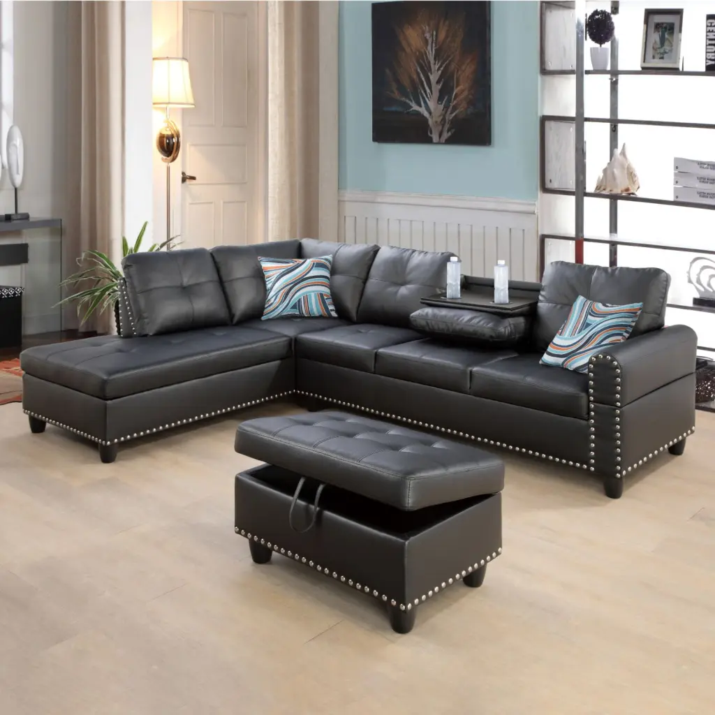 Modular L-Shaped Sectional Sofa Couch Storage 2 Pillows 4-Seat Chaise Gallery Black Left Chaise Sienwey