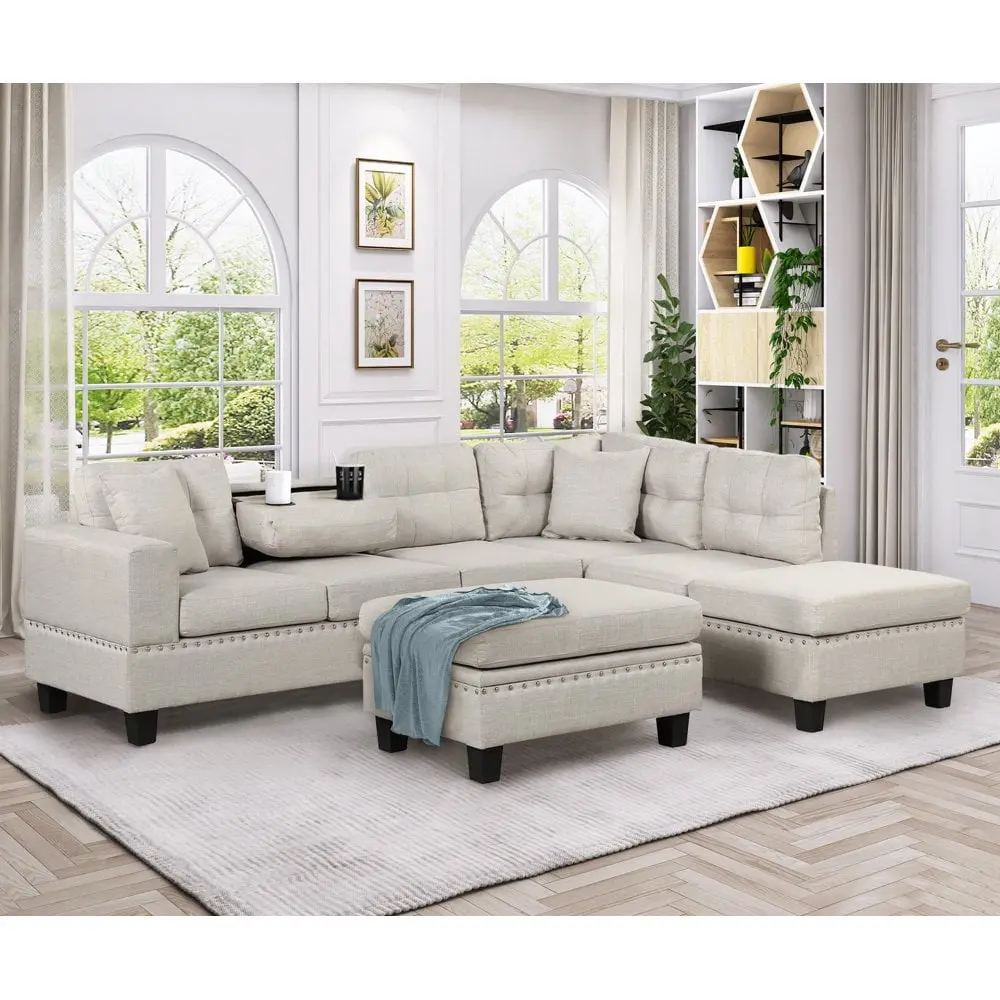 Tcbosik Convertible L Shape Sectional Sofa Modular Couch Reversible Chaise and Storage Ottoman Light Gray