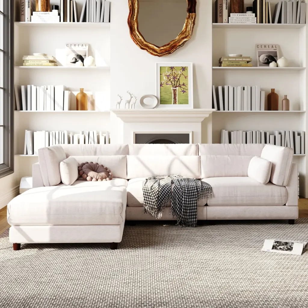 L-Shaped Sectional Sofa Movable Ottoman and Waist Pillows Linen Fabric Triple Tree