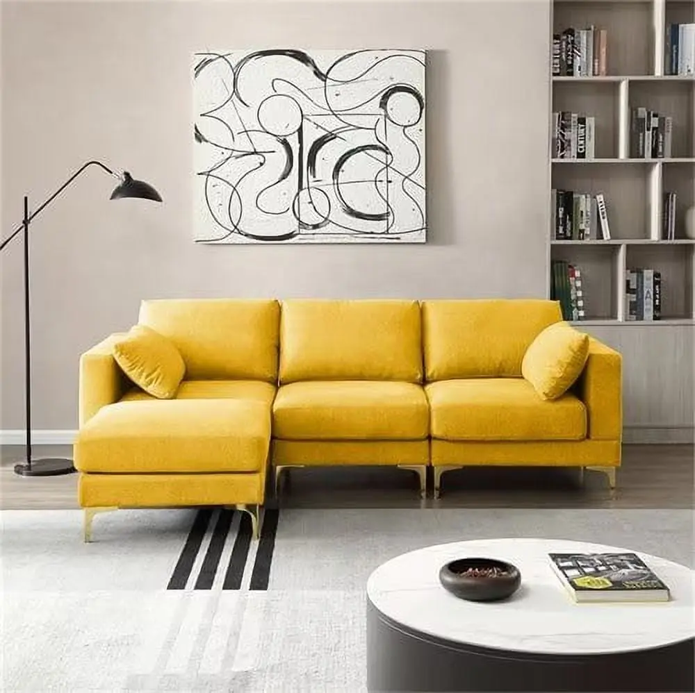 L-Shaped Sectional Sofa Ottoman 93 Inch Modern Fabric Upholstered Sofa Yellow Triple Tree