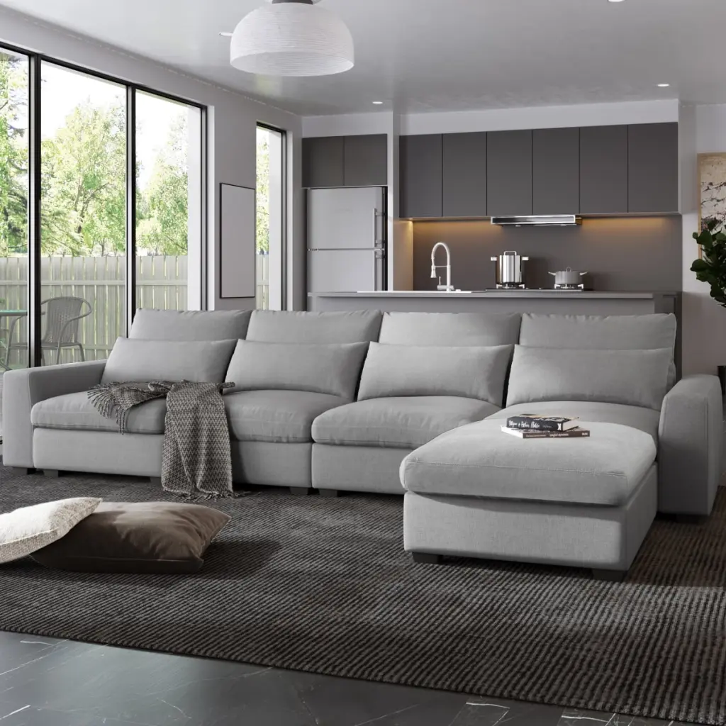 Modern Large L-Shape Feather Filled Sectional Sofa Convertible Reversible Chaise Light Gray Triple Tree