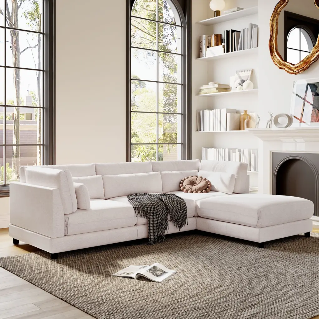 2 Pieces L-Shaped Sofa Removable Ottomans and Comfortable Waist Pillows Large Sectional Sofa Set Upholstered Sofa Set Soli...