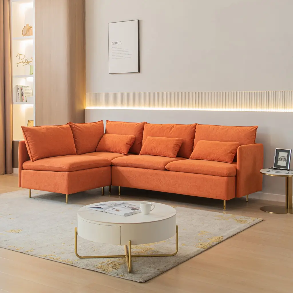 Modular L-Shaped Corner Sofa Left Hand Facing Sectional Couch Orange Cotton Linen 90.9 Inches Wobythan