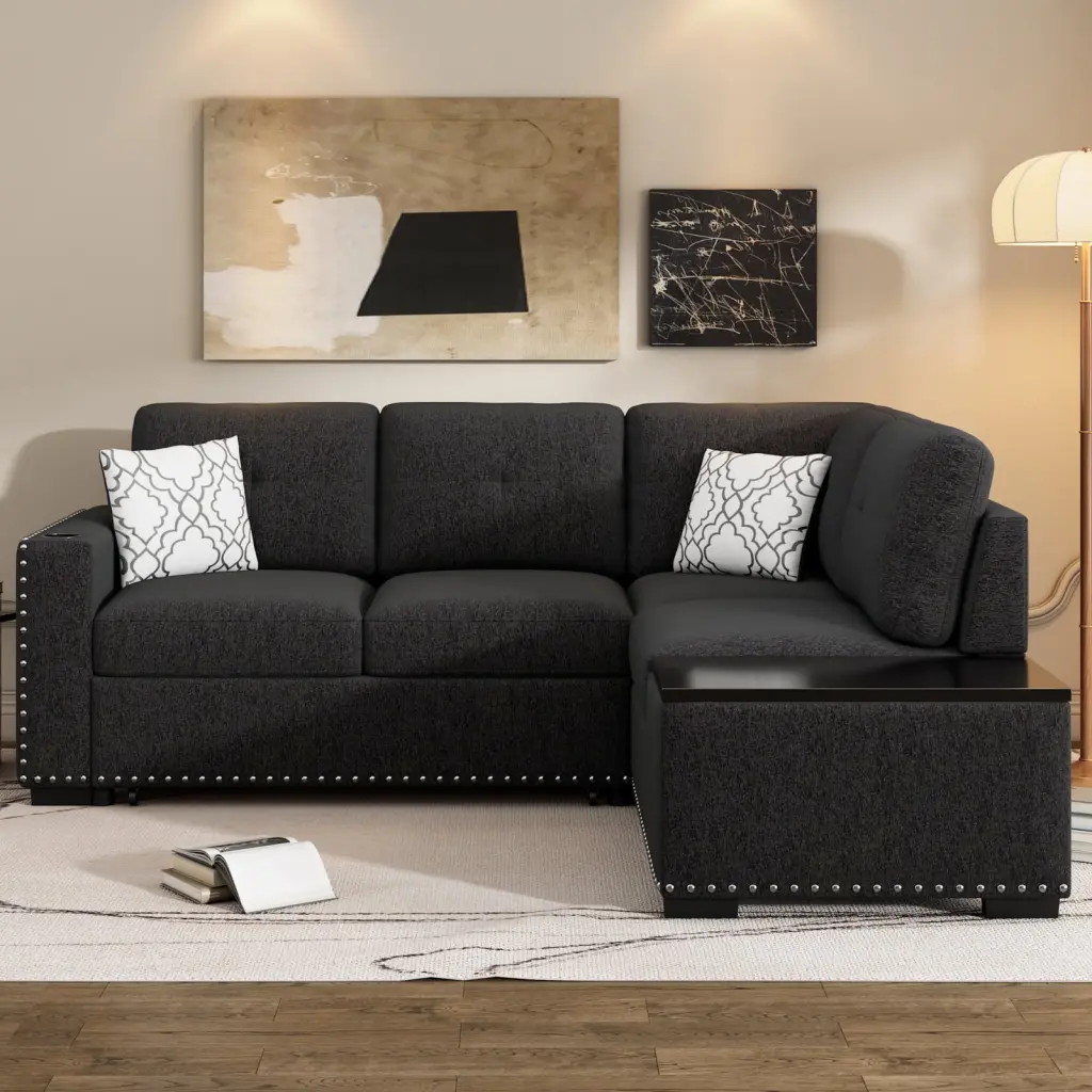 Black L-Shaped Corner Sofa Bed Reversible Sectional USB Ports Wodine