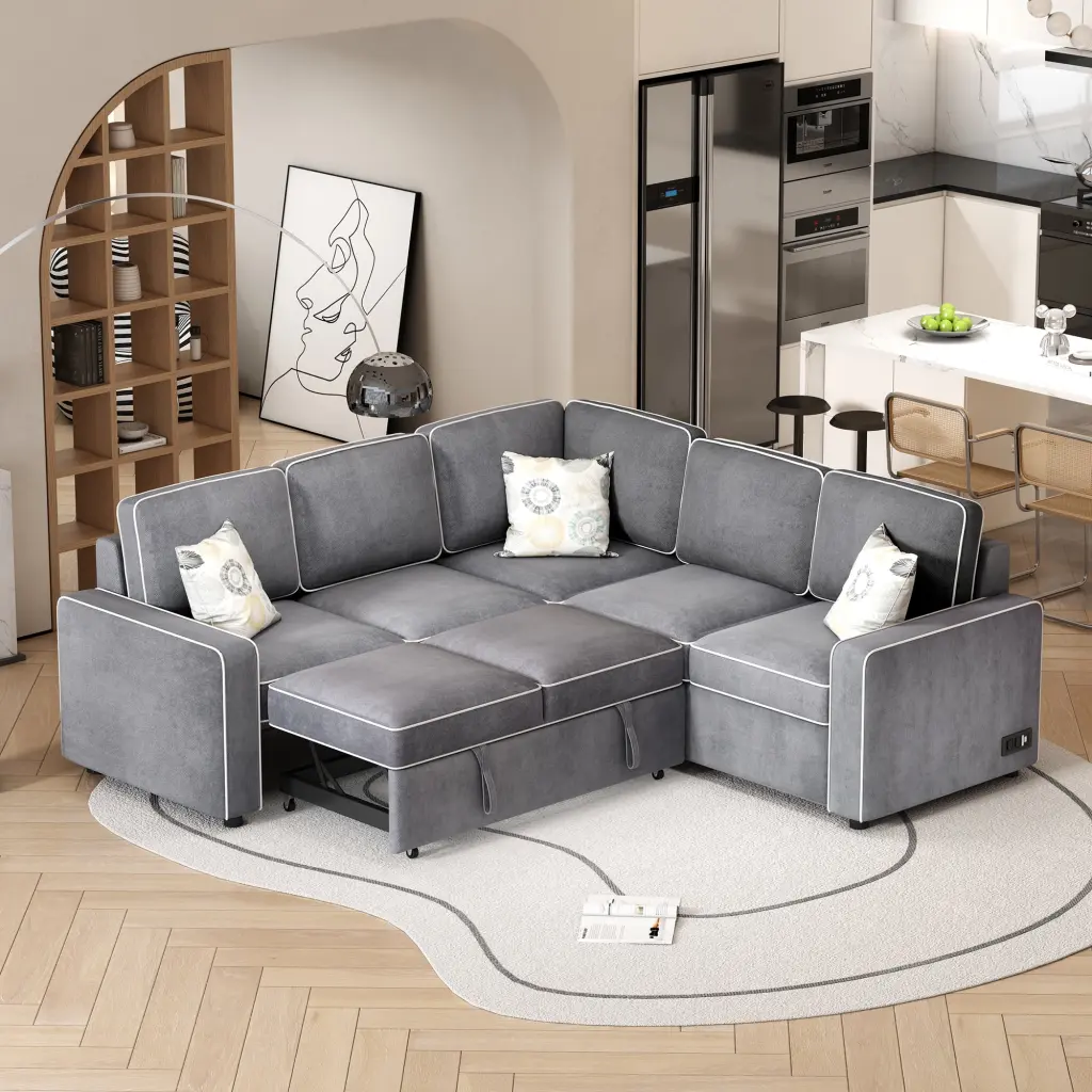CoSoTower 83 L-Shaped Pull Out Sofa Bed Modern Convertible Sleeper Sofa 2 USB Ports and 2 Power Sockets - Gray