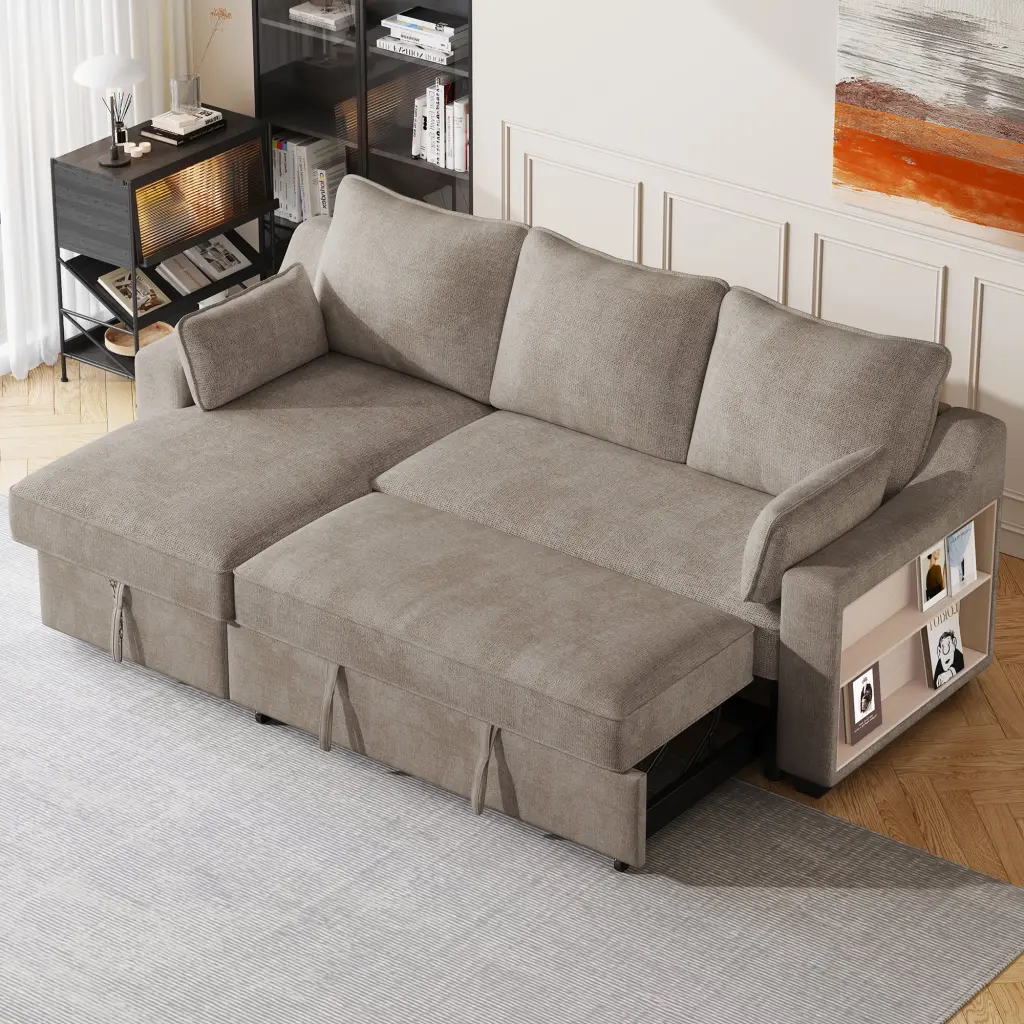 CoSoTower 90 Pull Out Sleeper Sofa L-Shaped Couch Storage Chaise and USB Ports, Light Brown Convertible Sofa Bed