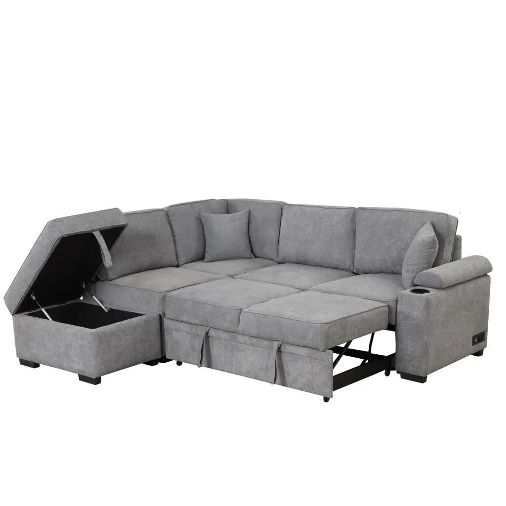 87.4 Sleeper Sofa Bed, 2 1 Pull Out L Shape Couch Storage Ottoman Small Apartment, Gray Convertible Sofa Mikeor