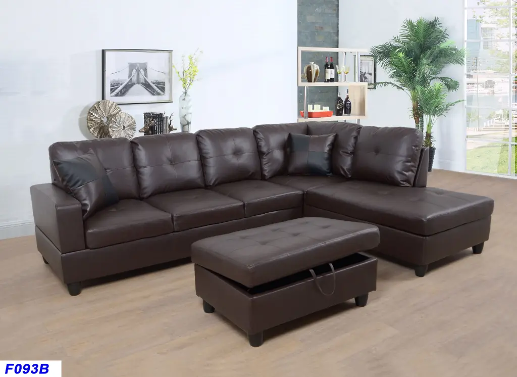 Sectional Sofa Couch L-Shaped Modern Style Storage Ottoman 3-Piece Faux Leather Right Hand Facing Brown A Ainehome