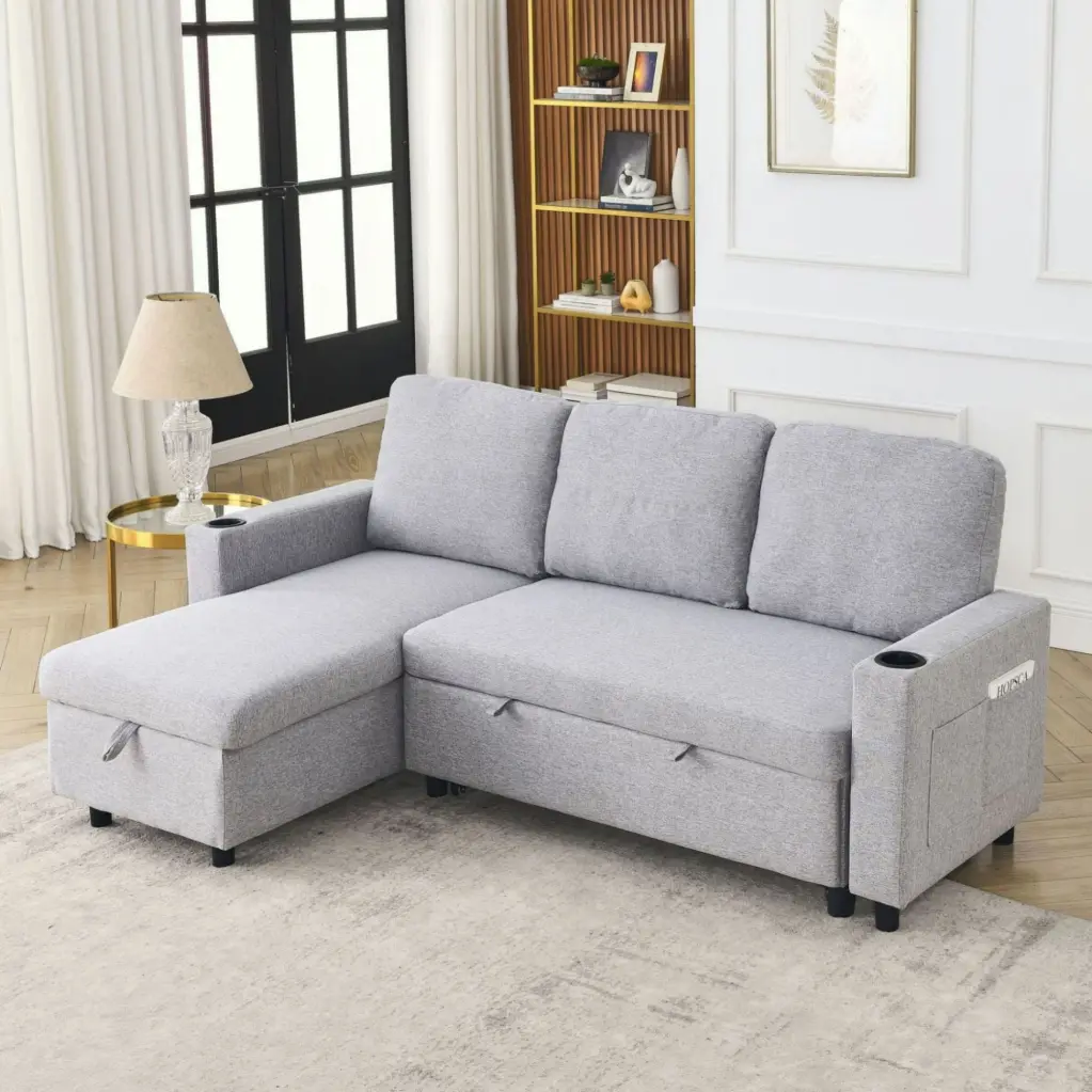 78.7 Comfortable Linen L-Shaped Combo Sofa Sofa Bed Living Room Furniture Sets Tight Spaces Reversible Sleeper Combo Sofa ...
