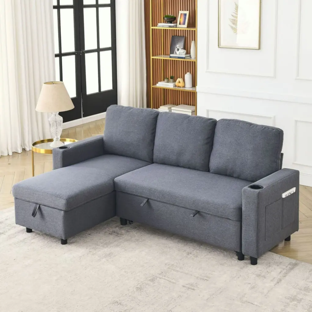 78.7 Comfortable Linen L-Shaped Combo Sofa Sofa Bed Living Room Furniture Sets Tight Spaces Reversible Sleeper Combo Sofa ...
