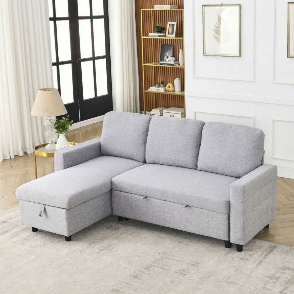 78.8 Reversible Sleeper Combo Sofa Pullout Bed Comfortable Linen L-Shaped Combo Sofa Sofa Bed Living Room Furniture Sets T...