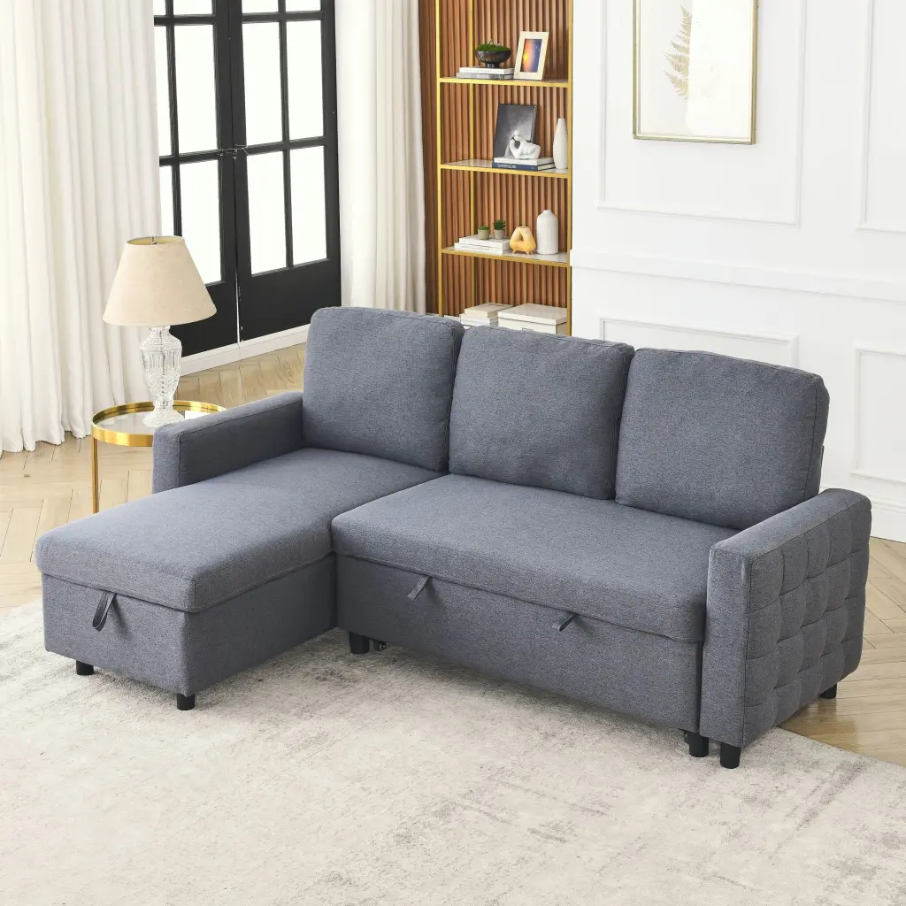 78.8 Reversible Sleeper Combo Sofa Pullout Bed Comfortable Linen L-Shaped Combo Sofa Sofa Bed Living Room Furniture Sets T...