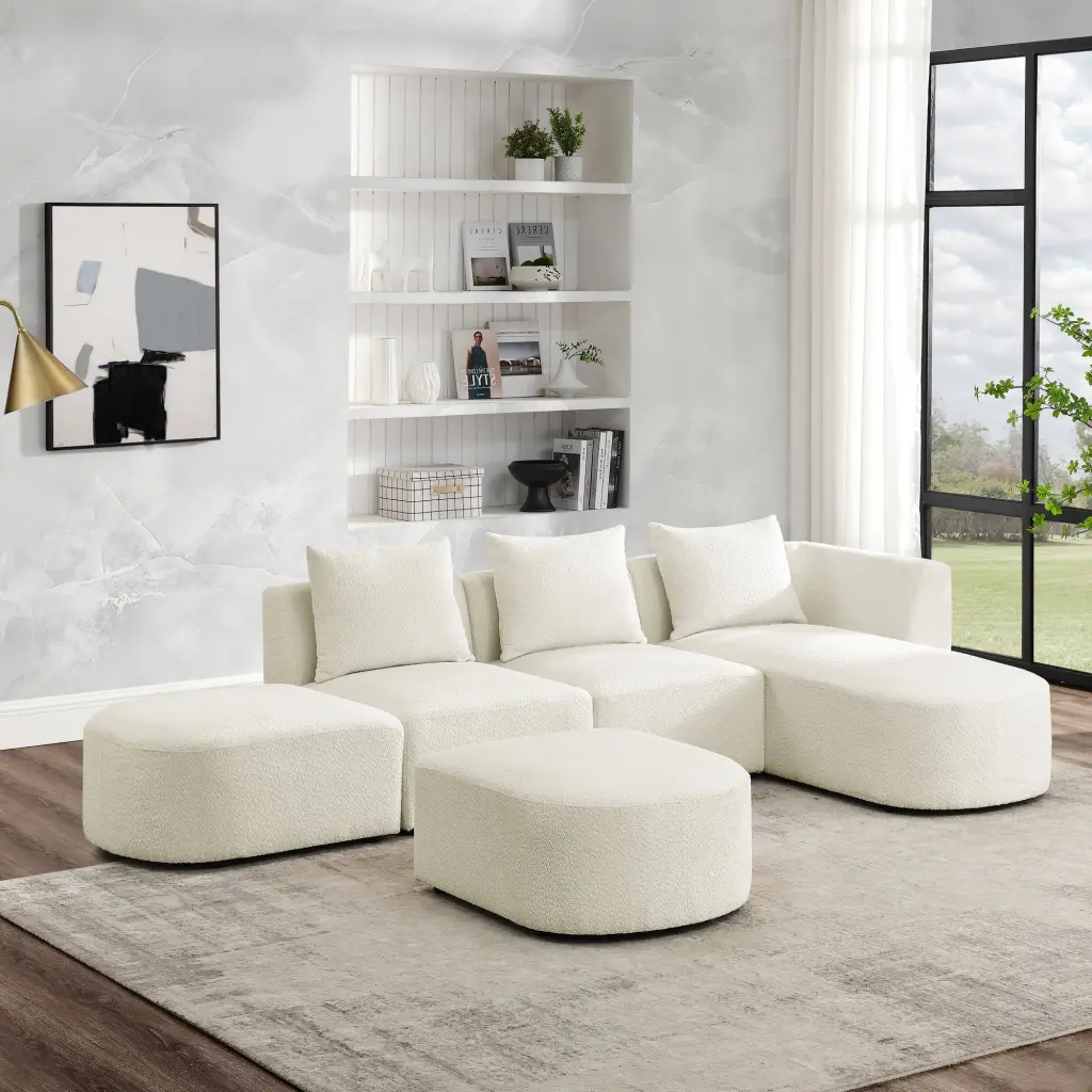 L Shape Sectional Sofa Right Side Chaise And Ottoman Modular Sofa Diy Combination Loop Yarn Fabric Beige CNCJ