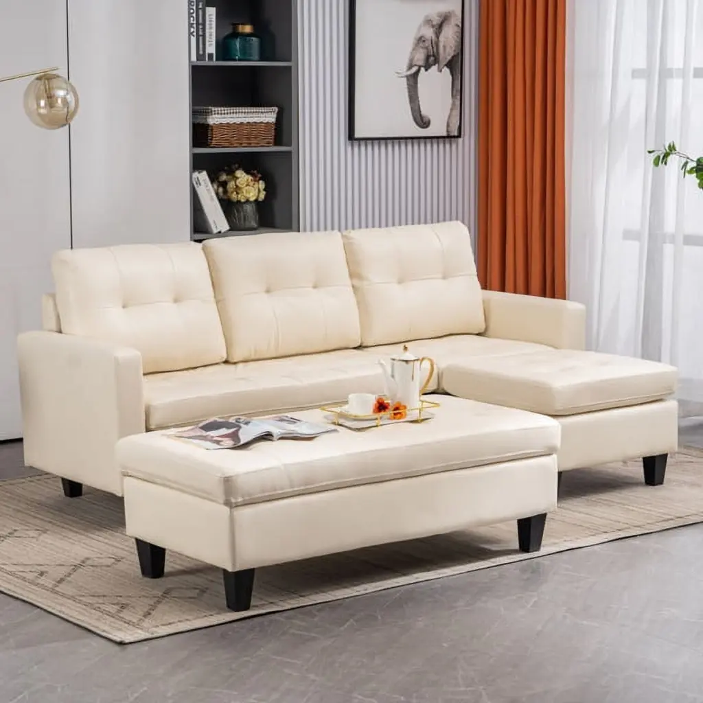 HONGFENGDZ L-Shaped Three-Seat Indoor Sofa Disassembly Backrest Pull Point Variable Combination Solid Wood Soft Bag PU White