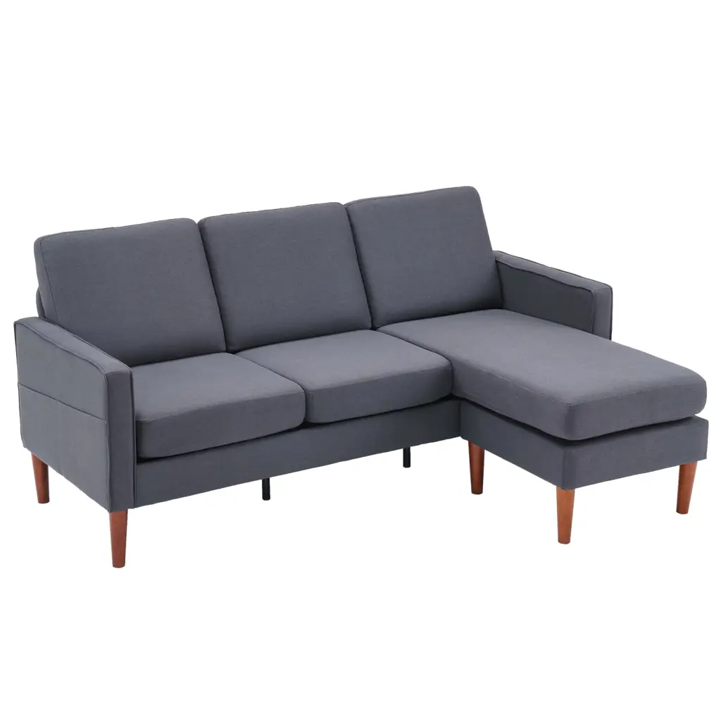 LemoHome 3-Seater Sectional Sofa Movable Ottoman Linen Fabric Wood Frame Grey