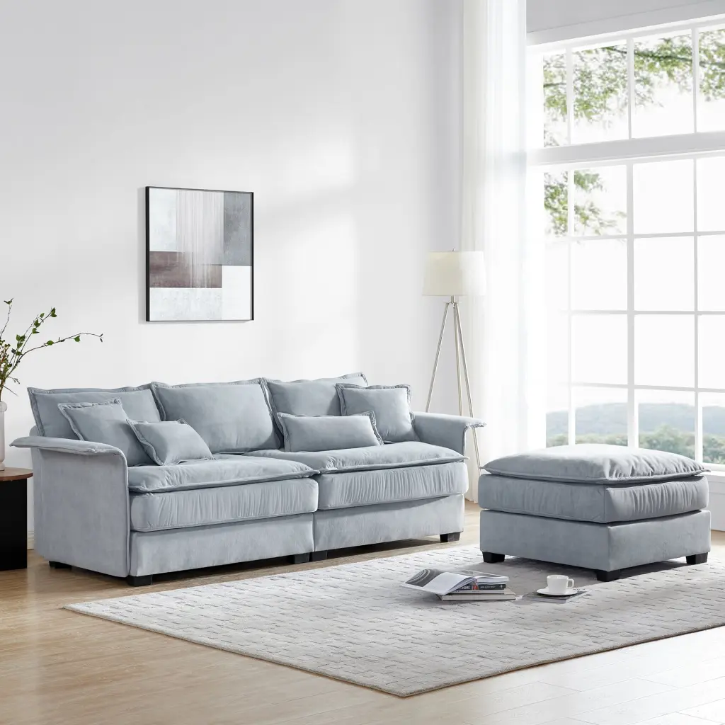 Elegantly Curved L-Shaped Sofa Blue Dual-Layer Cushions and Ottoman LMing