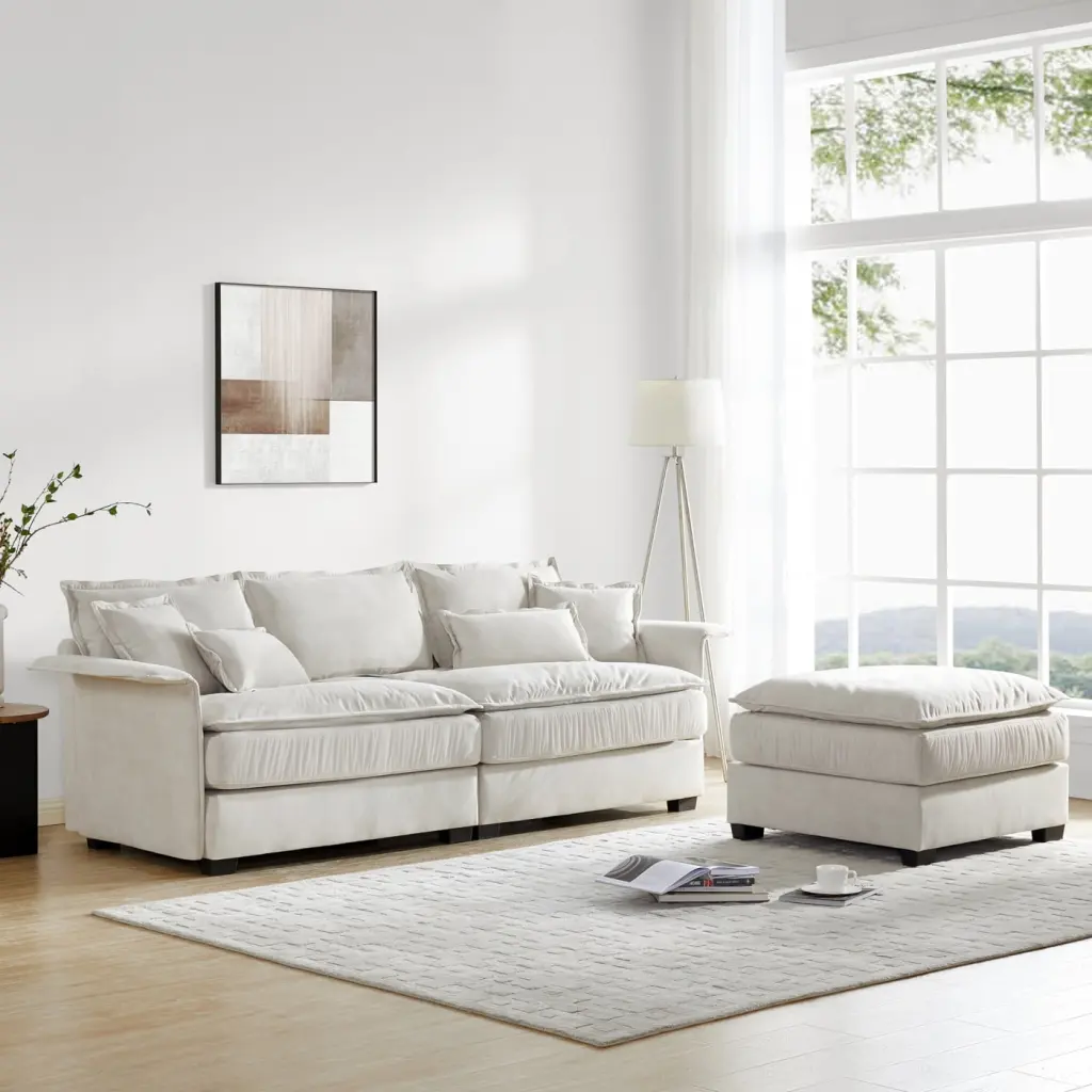 L-Shaped Tech Cloth Sectional Sofa Convertible Ottoman Solid Wood Armrests Double Cushions Added Comfort Beige Includes 4 ...