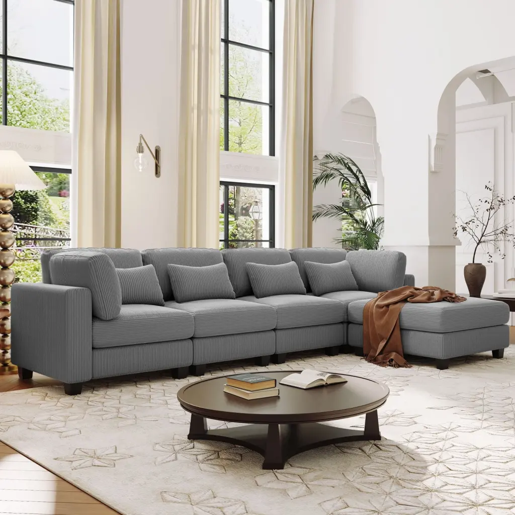 Miekor 5 Pieces L Shaped Sofa Removable Ottomans and Comfortable Waist Pillows BC2A1557 - Modular Sectional Sofa