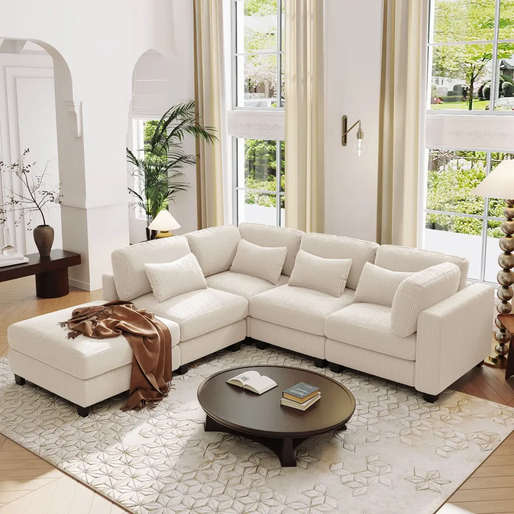 5 Pieces L-Shaped Sofa Removable Ottomans and Comfortable Waist Pillows - Modern Living Room Furniture None