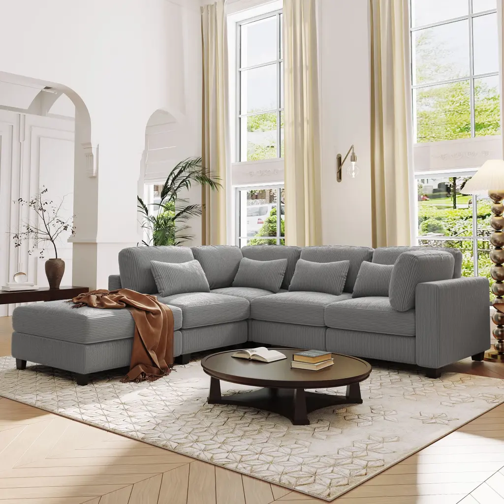 5 Pieces L-Shaped Sofa Removable Ottomans and Comfortable Waist Pillows - Stylish Living Room Furniture None