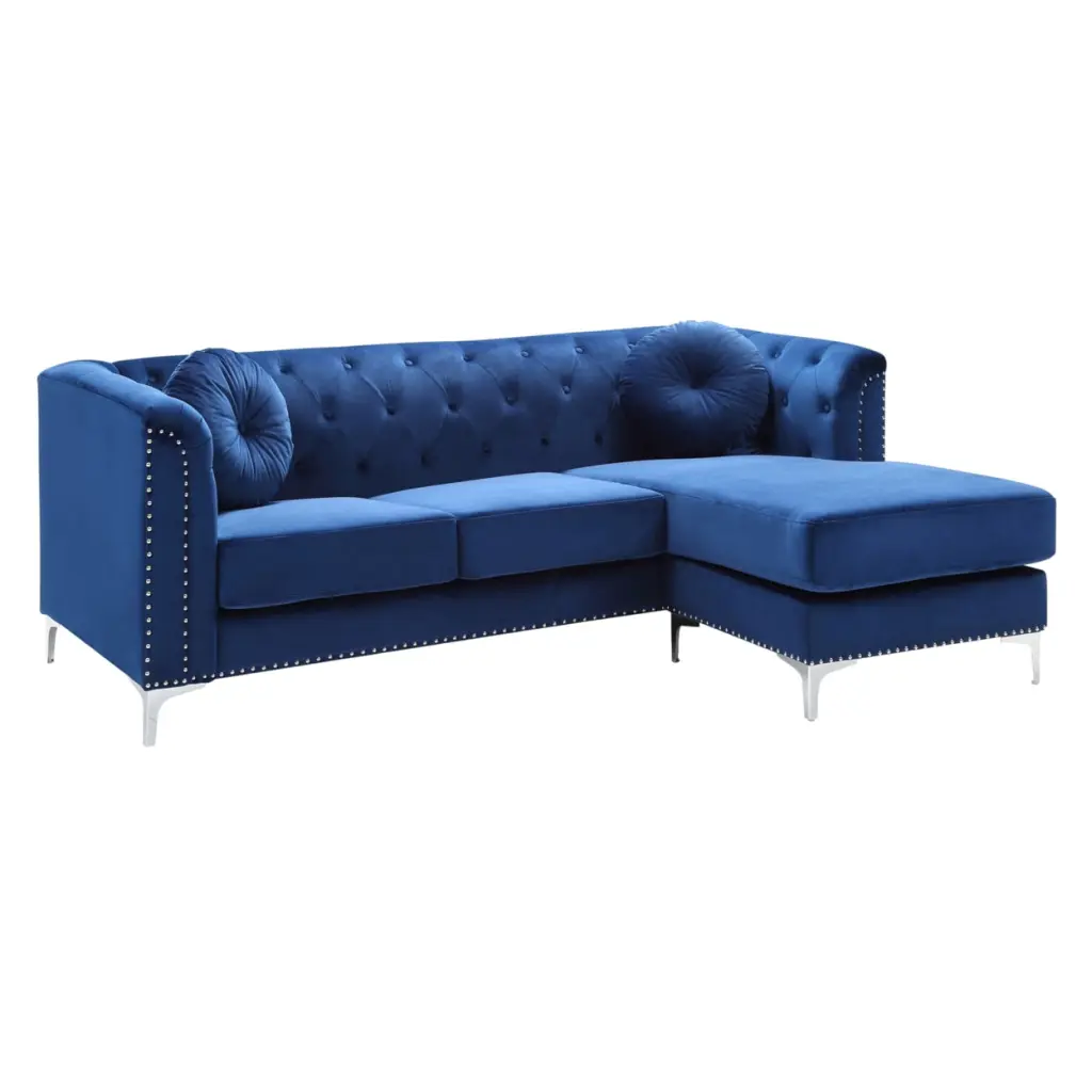 Passion Furniture Pompano 83 Inch Navy Blue Velvet L-Shape 3-Seater Sofa Throw Pillows
