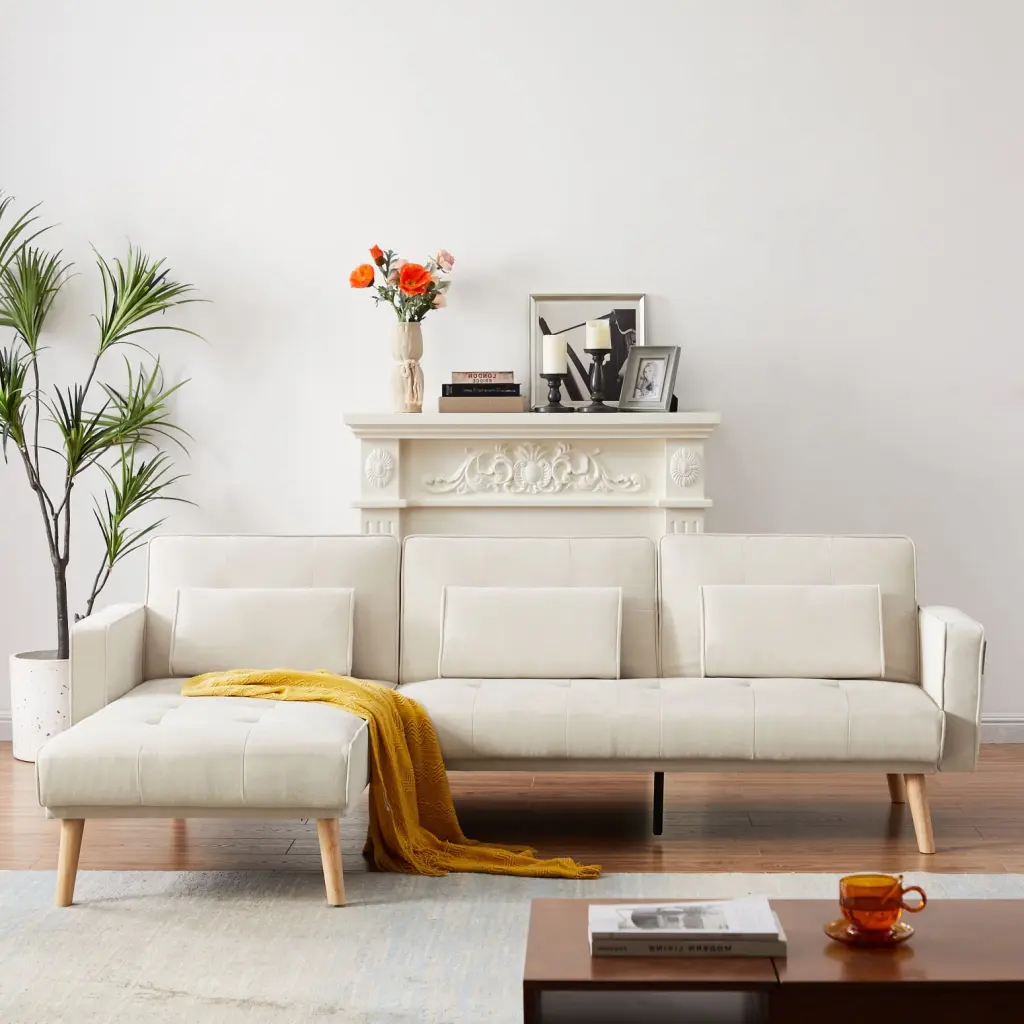 Ivory Convertible Sectional Sofa Sleeper - Left Facing L-Shaped Couch Foam Filling Ponnky