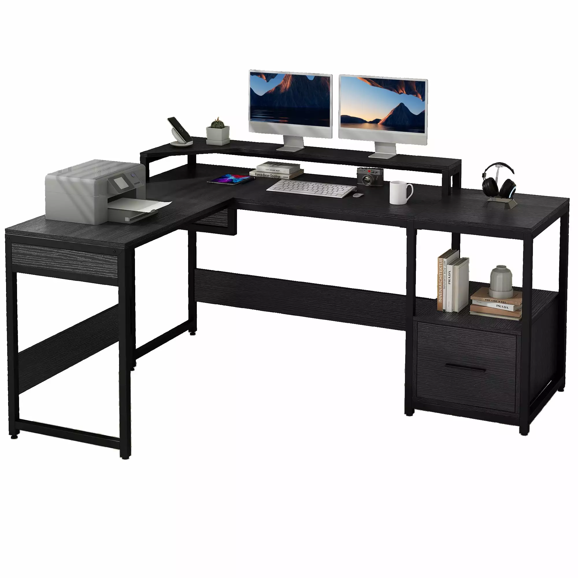 DWVO L Shaped Computer Desk File Drawer and Height Adjustable Standing Desk Black