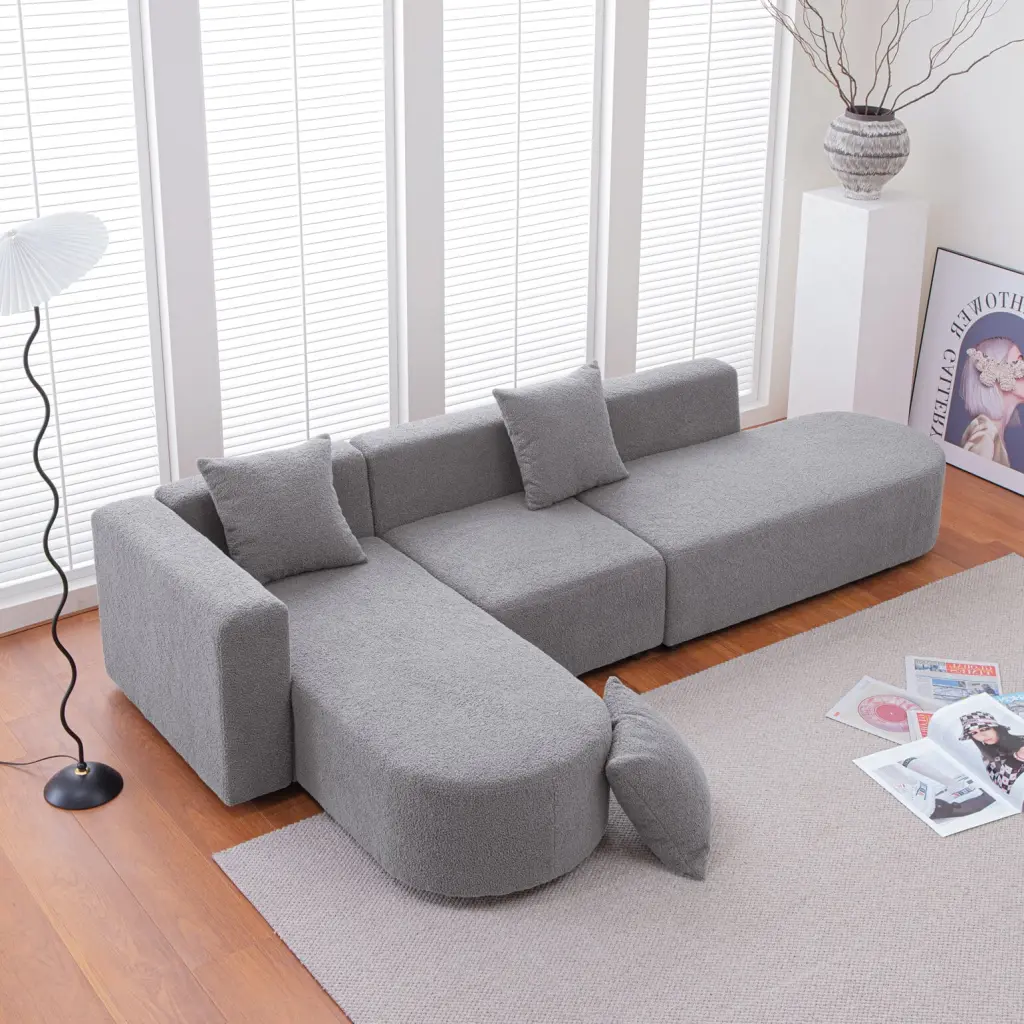 110 Large Modular L-Shaped Boucle Sectional Sofa Curved Seat and Metal Legs Gray ARCTICSCORPION