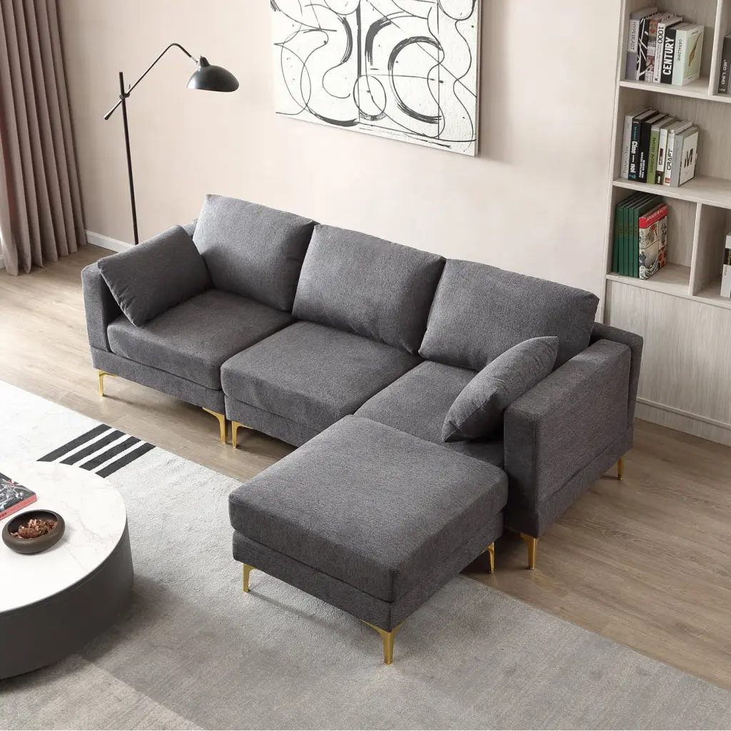 ADF Modern Dark Grey L-Shape Modular Sectional Sofa Cozy Foam and Gold Legs HATNOKIL