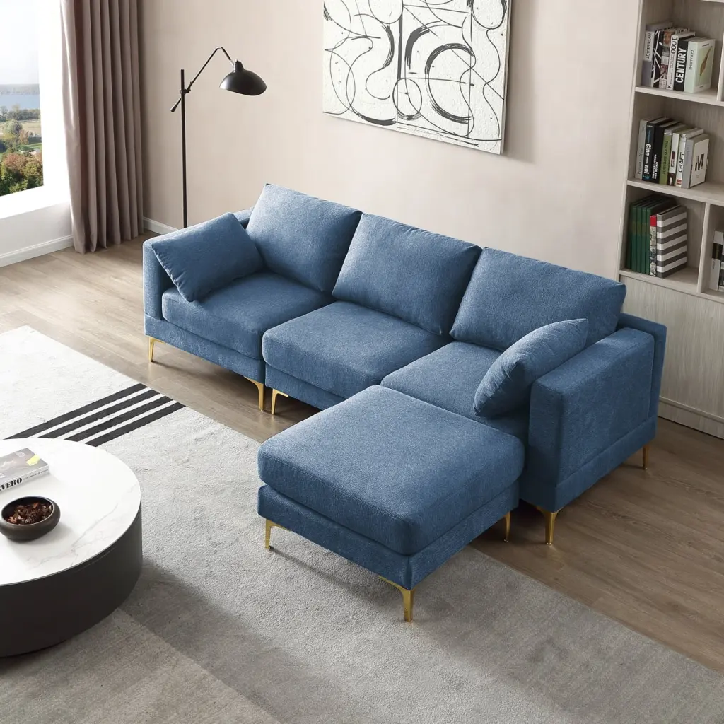 ADF Modern L-Shape Blue Fabric Sectional Sofa Plush Foam and Gold Legs HATNOKIL