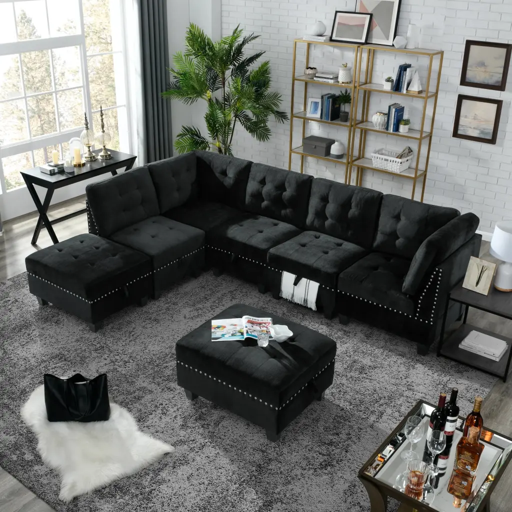 L Shape Modular Sectional Sofa - DIY Combination Three Single Chairs, Two Corners, and Two Ottomans Black Velvet unknown
