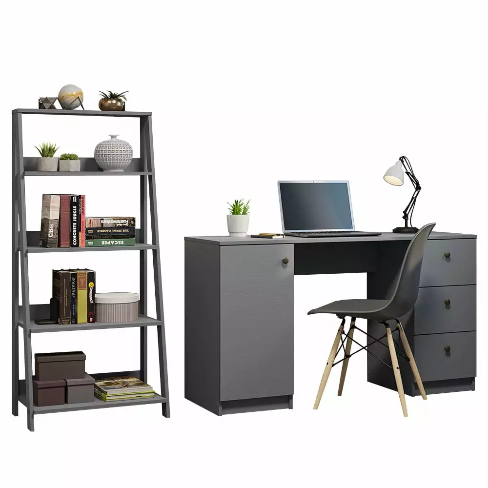 Madesa Desk Drawer 53 + Ladder Shelf Standing Bookcase Gray Home Office