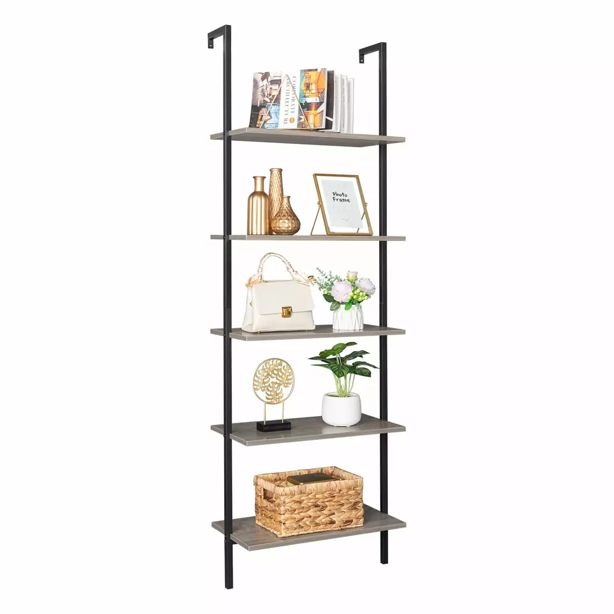 5-Shelf Bookcase Wall Mount Ladder Shelves Wood Board and Industrial Metal Frame Qiyuhome