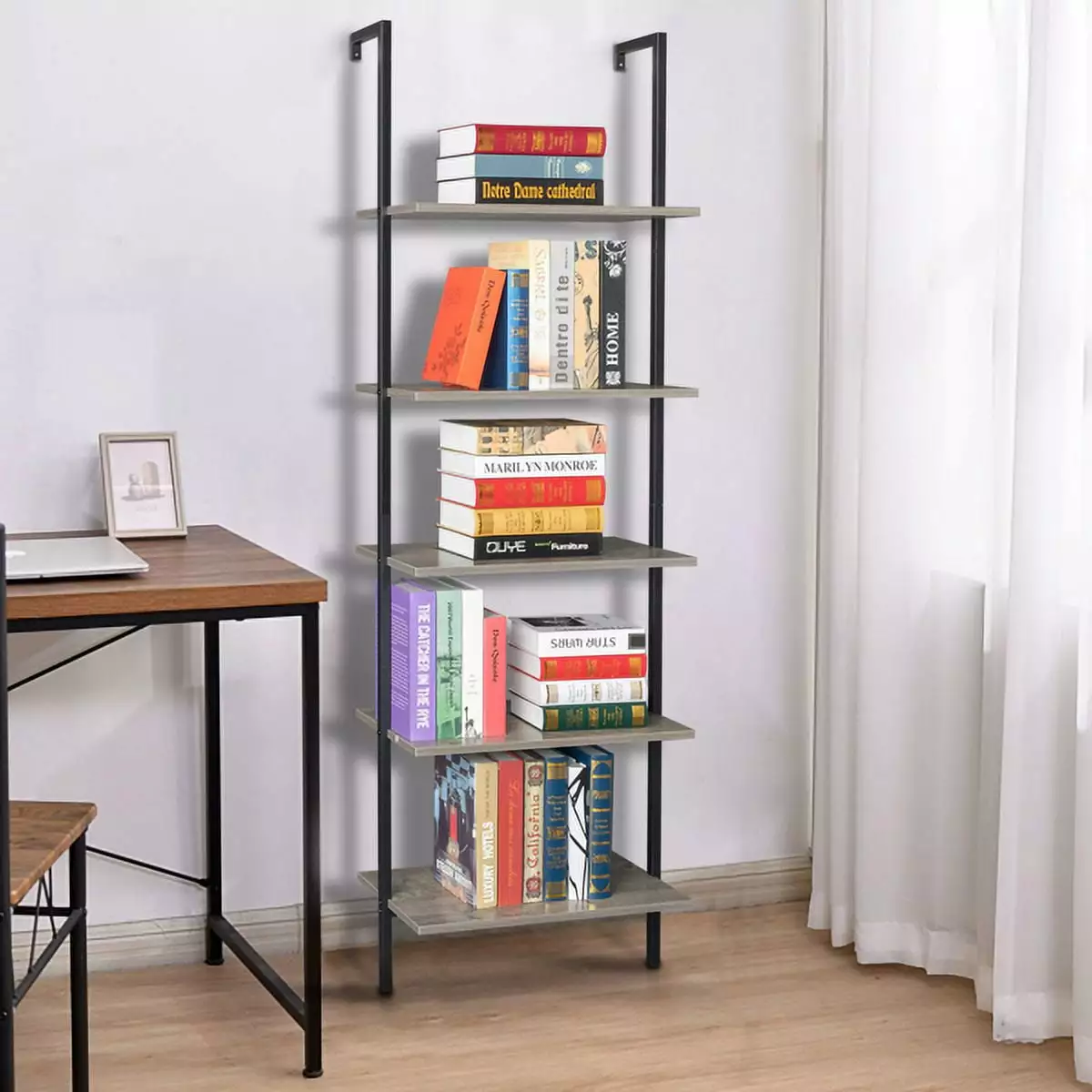 5-Shelf Wood Ladder Bookcase Metal Frame Industrial Modern Ladder Shelf Gray YTTX