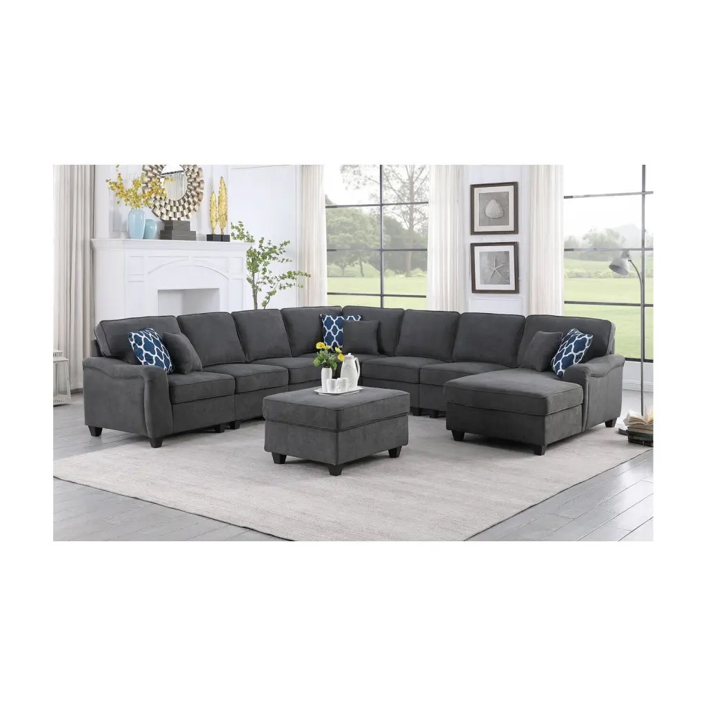 Maykoosh Coastal Cottage Dark Gray Woven 8Pc Modular L-Shape Sectional Sofa Chaise and Ottoman