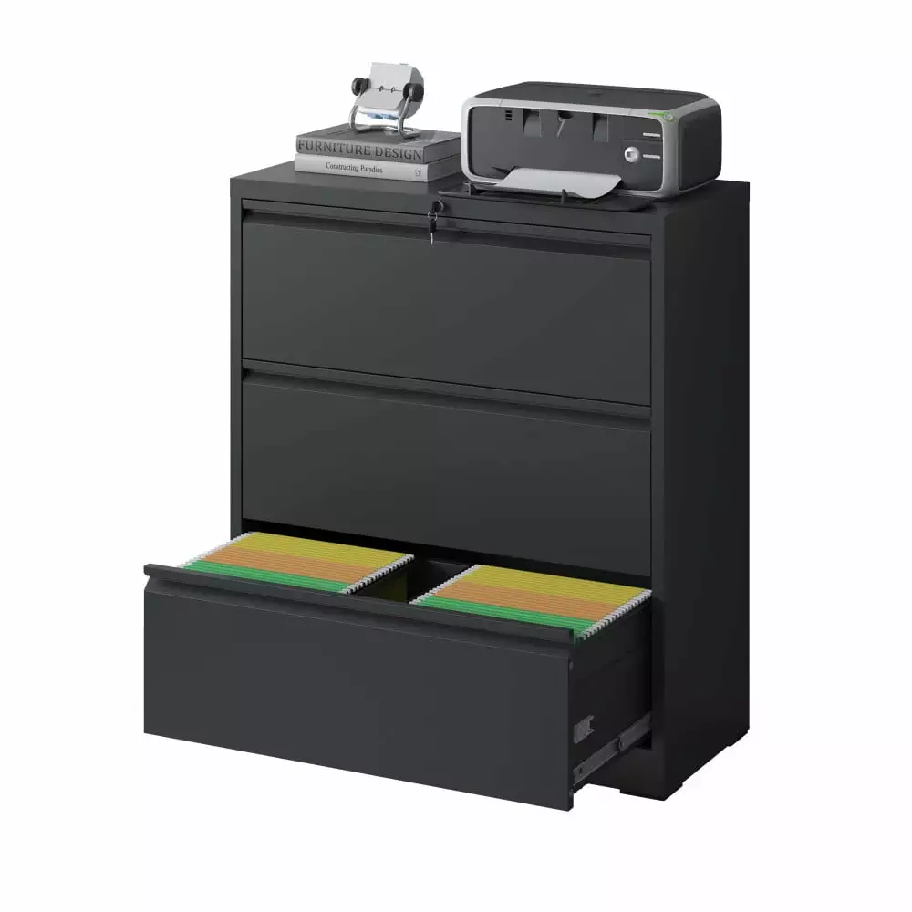 Pouseayar 3 Drawers Lateral Metal File Cabinet Lock Legal Letter A4 F4 Size Black