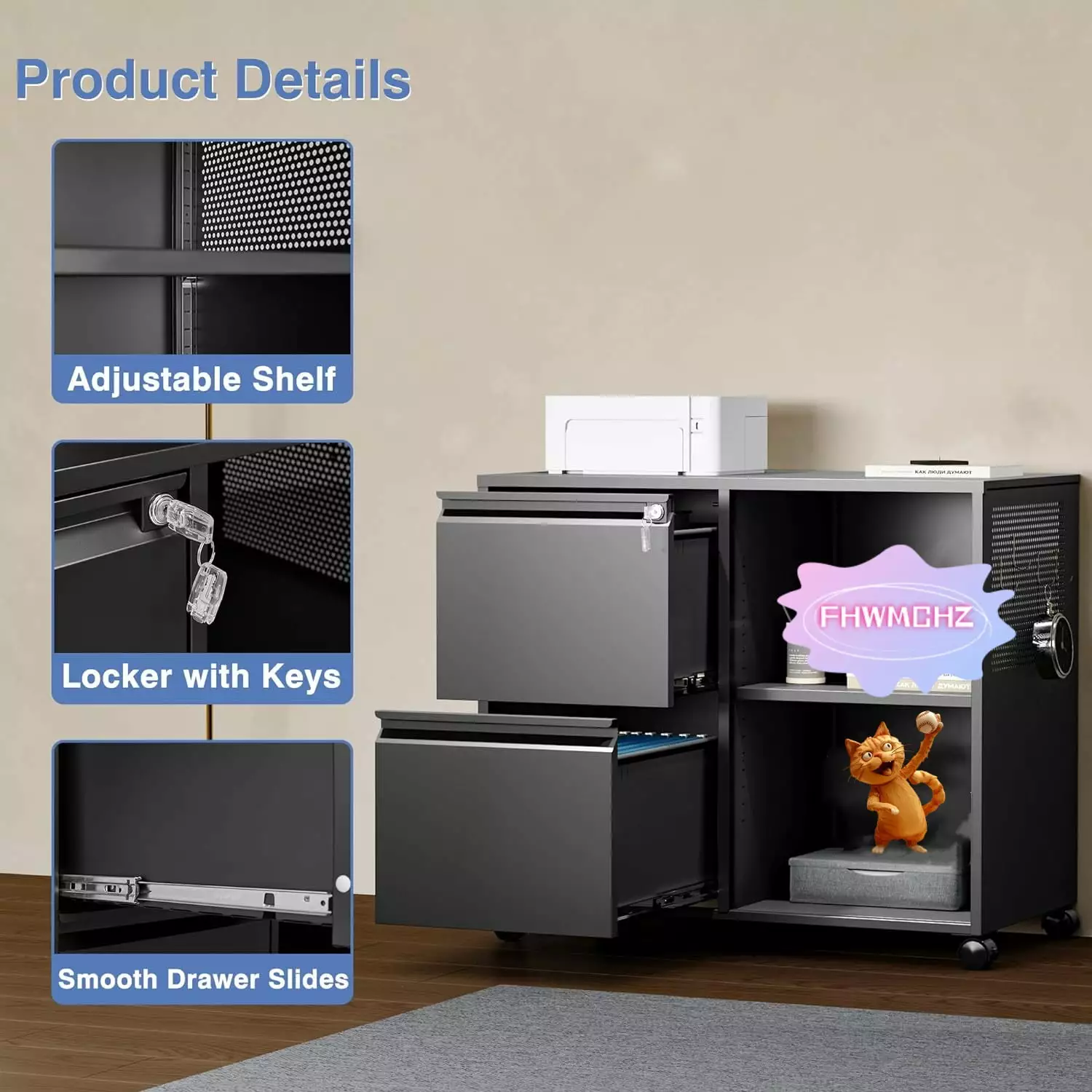Lateral File Cabinet 2 Drawer Mobile Storage Cabinet Lock Fits A4 Letter Size Black FHWMWHC