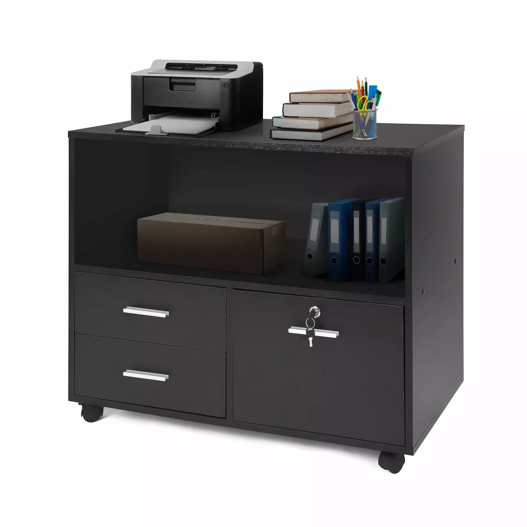 Karmas Product Wood File Cabinet Lock 3 Drawer Large Mobile Lateral Filing Cabinet Black