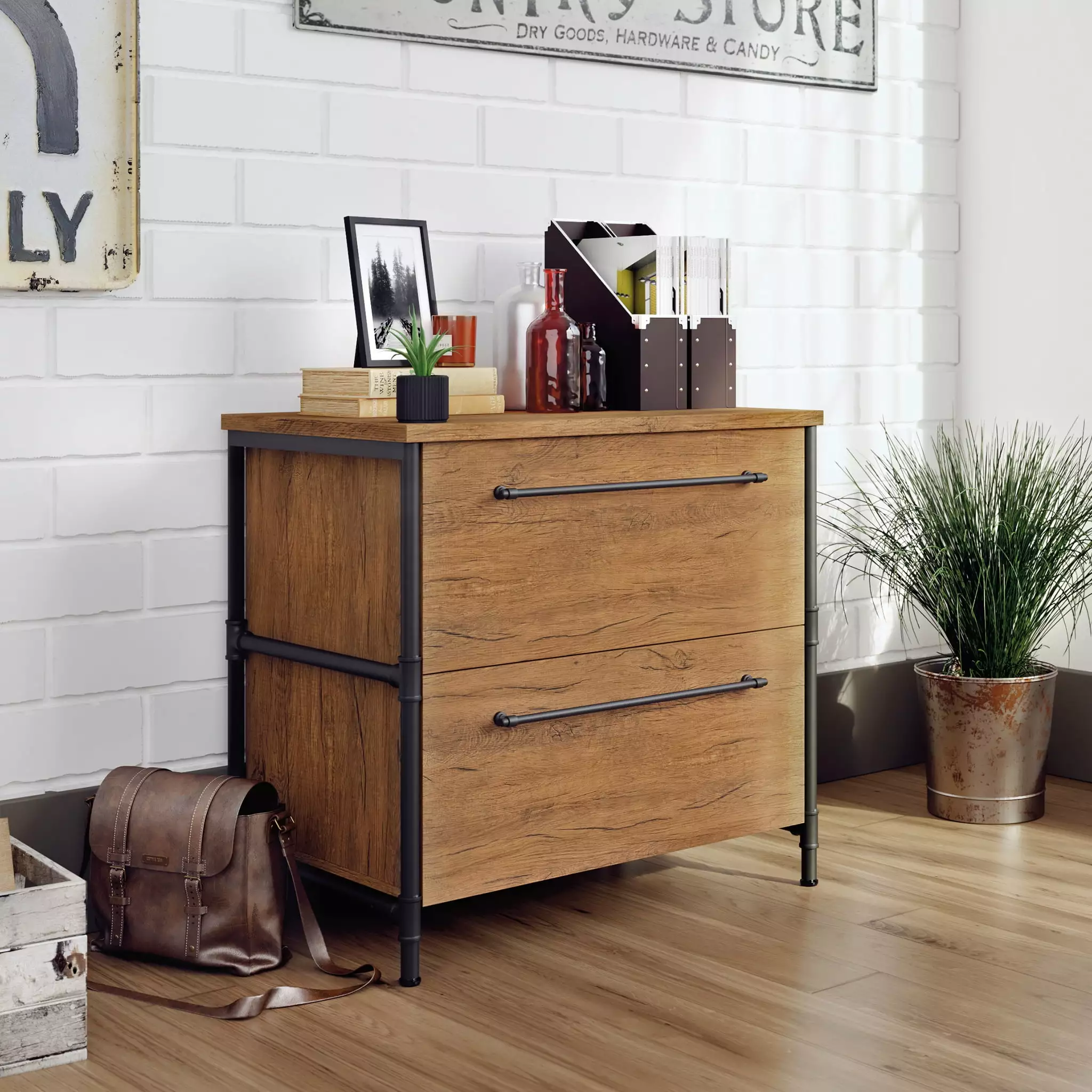 Sauder Iron City Industrial Interlocking 2 Drawer Lateral File Cabinet Checked Oak Finish