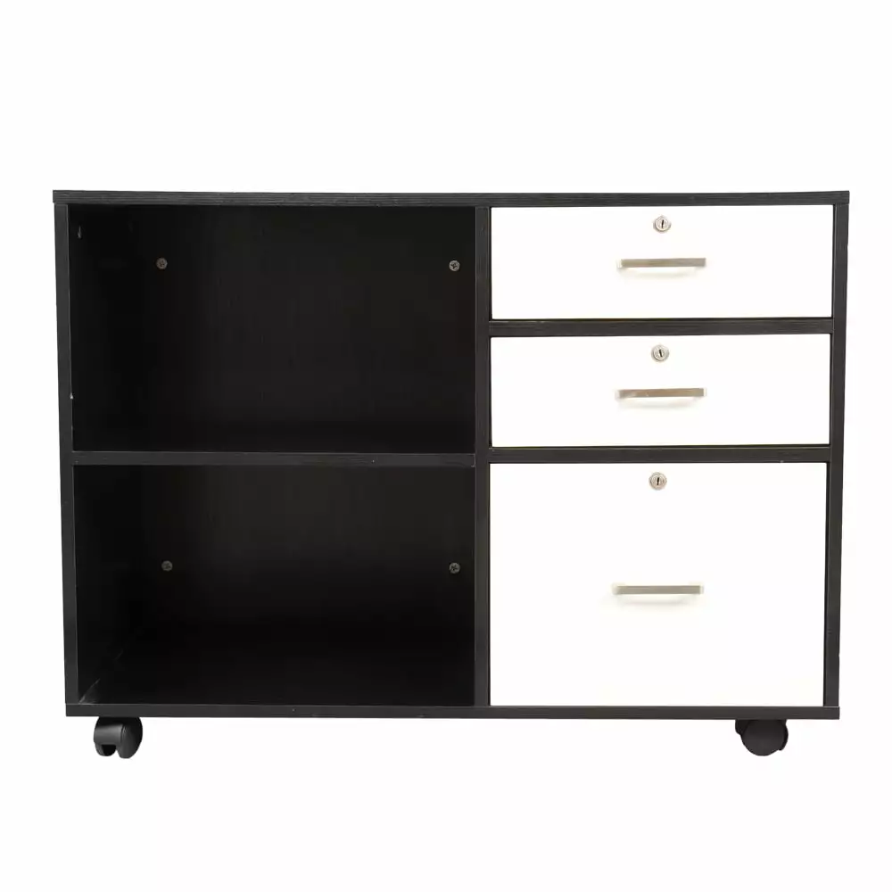Topcobe Wood Mobile Lateral Filing Cabinet 3 Drawers and Open Storage Shelves Home Office Bedroom Black and White