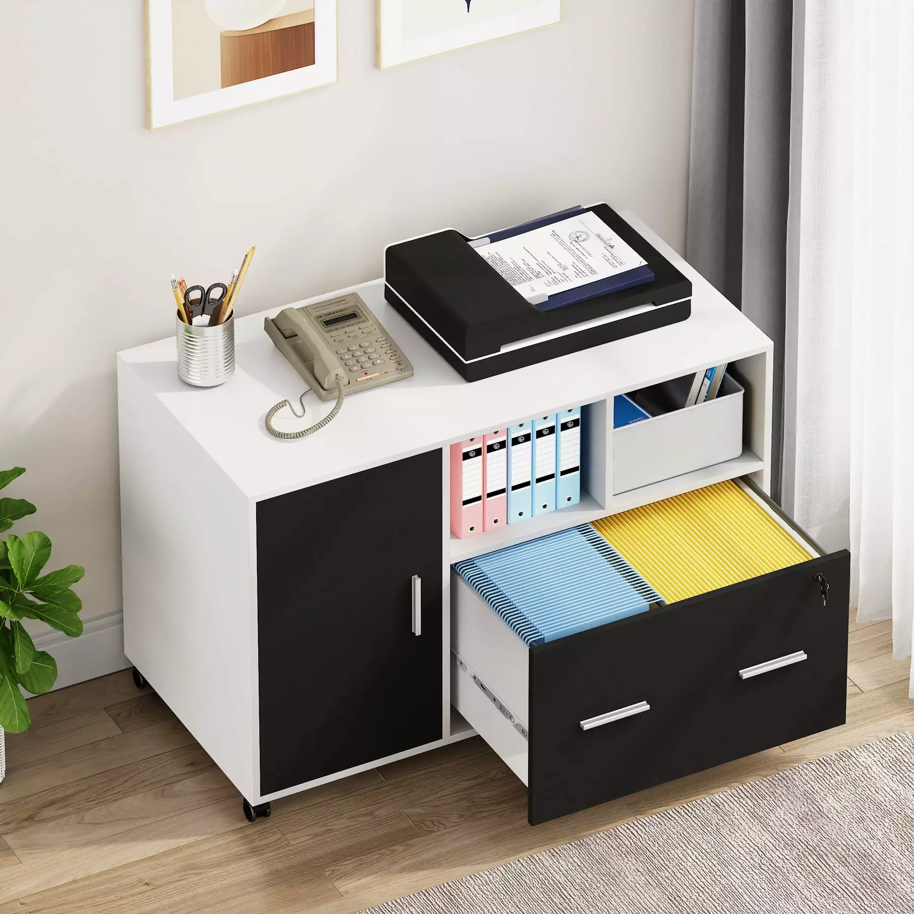 Tribesigns Lateral File Cabinet Mobile 2 Drawer Letter A4 Size Files Wheels Home Office White
