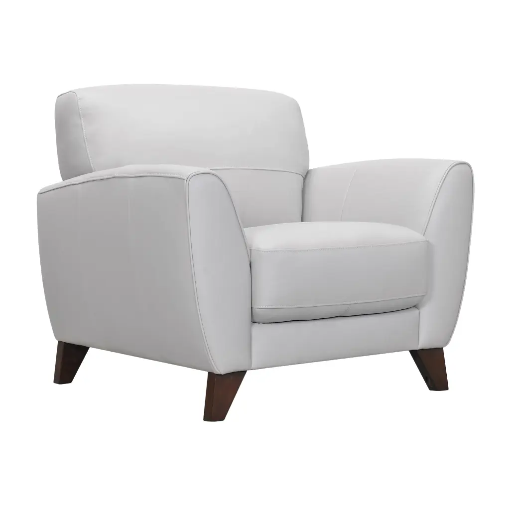 Jedd Genuine Dove Grey Leather Sofa Chair Brown Wood Legs Armen Living