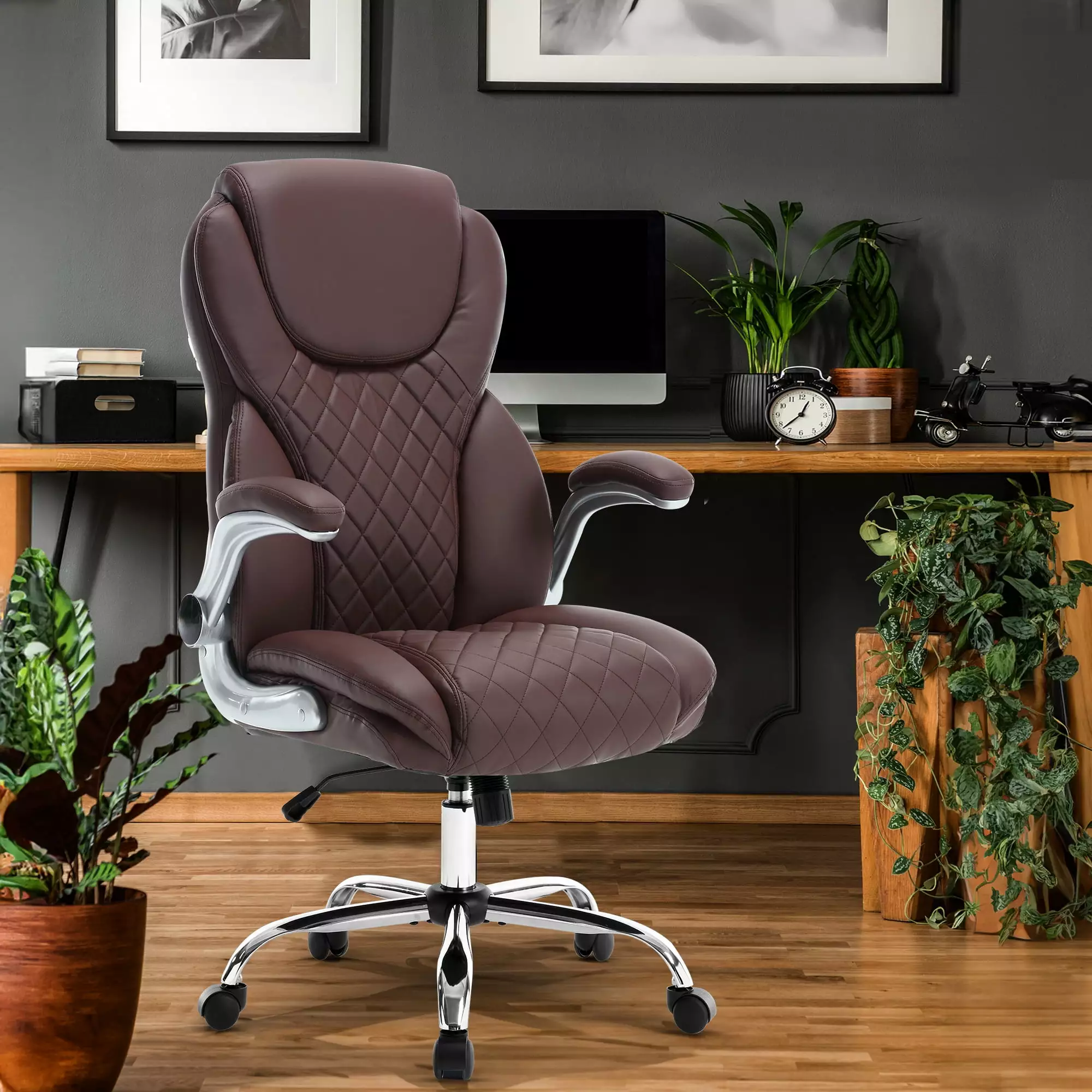 GeeHome Brown Leather Ergonomic Office Chair Flip-Up Armrests and Wheels