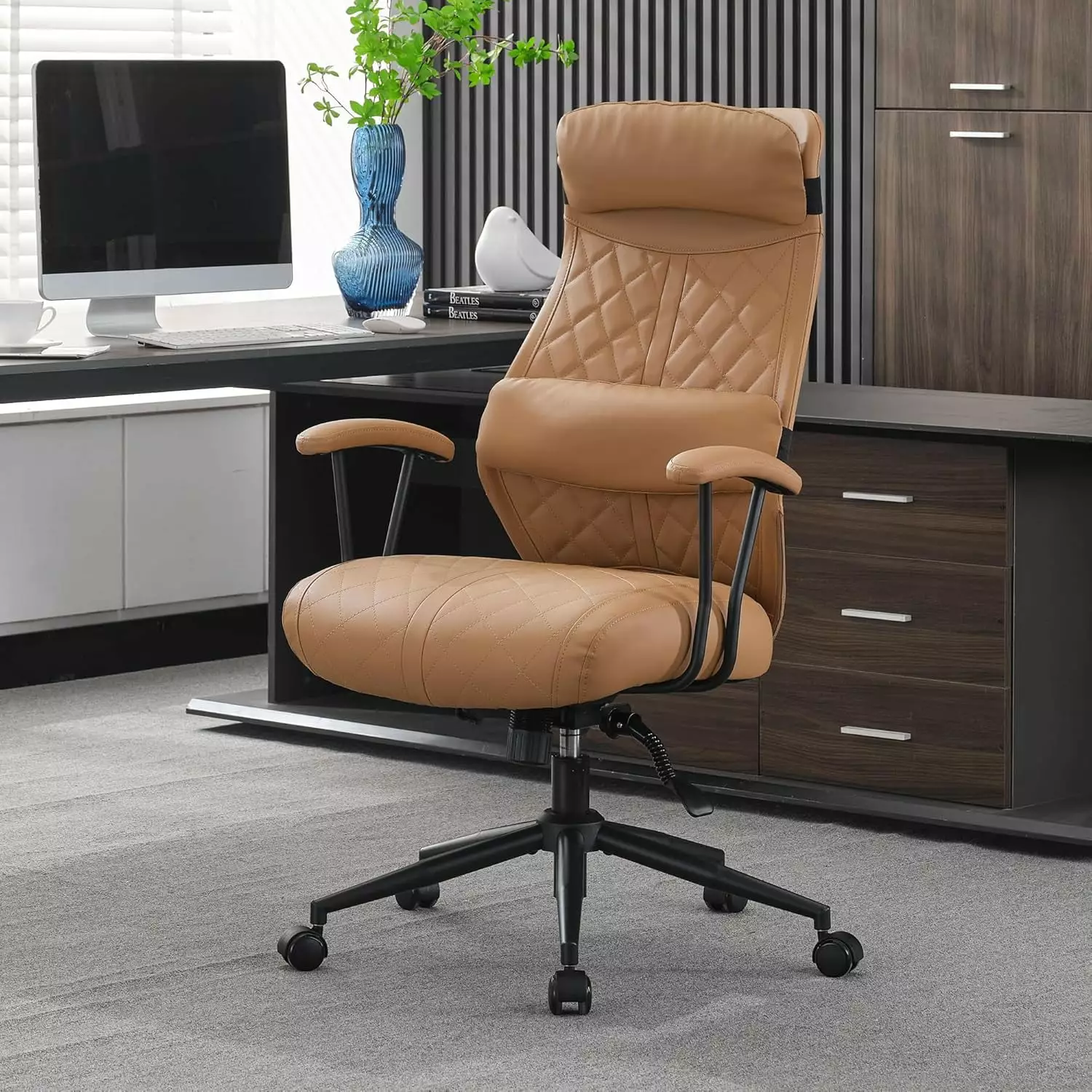 Modern Leather Office Chair 500LBS High Back Conference Room Chairs Mid-Century Reclining Office Chair Removable Pillow ZKQ