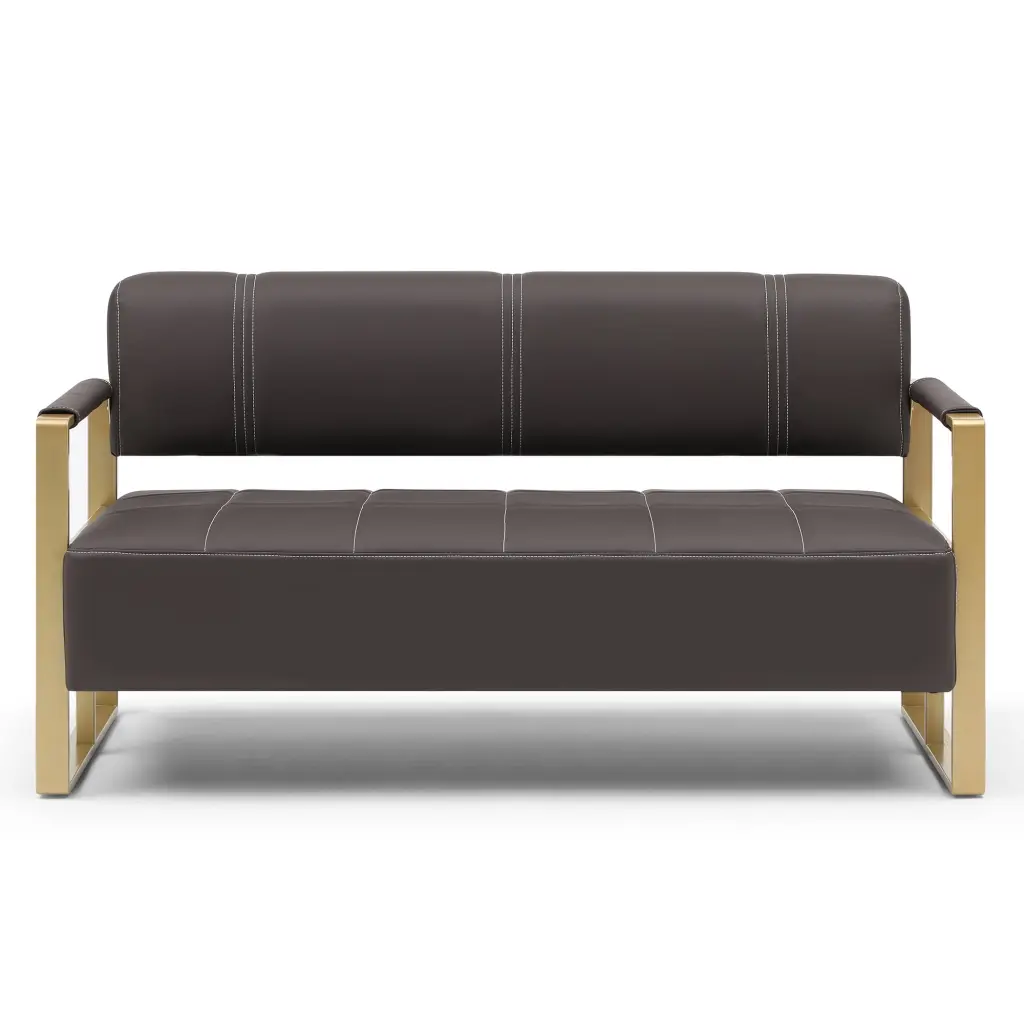 57.9 Width Modern Upholstery Faux Bonded Leather Loveseat Sofa Golden Metal Arms Brown ANTFURN