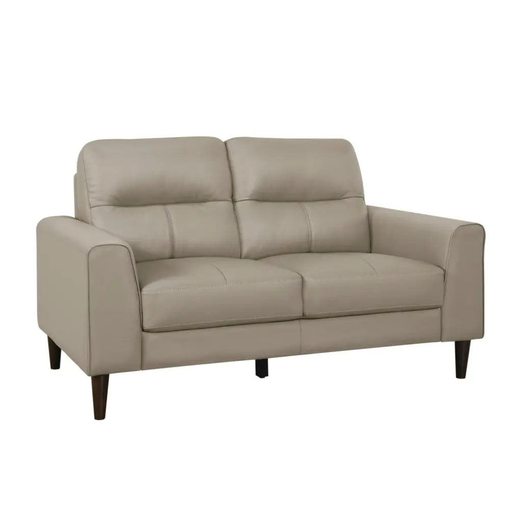 Benjara Willow 56 Inch Beige Top Grain and Faux Leather Loveseat Solid Wood