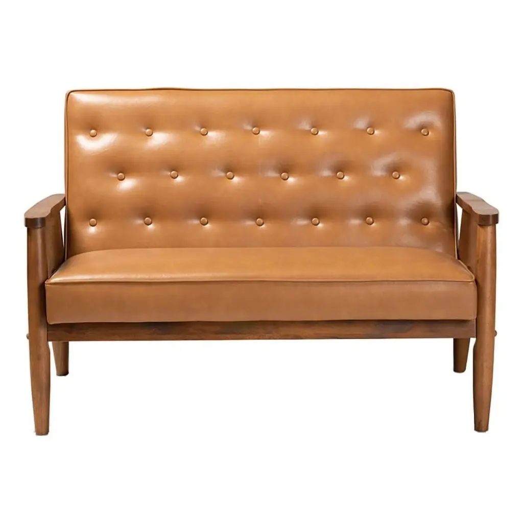 Bowery Hill 17.3 Inch Mid-Century Leather Wood Loveseat Walnut Brown